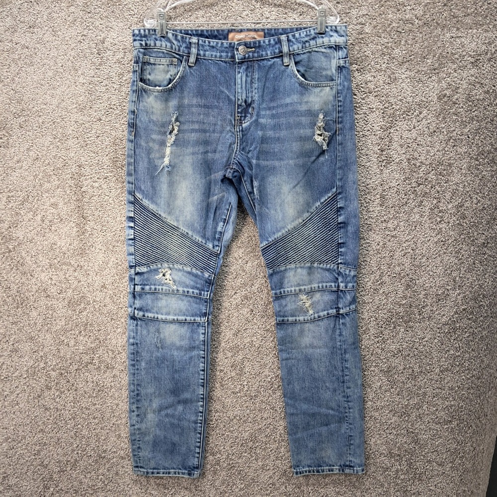 Crysp Denim‎ Mens Biker Jeans Light Wash Distressed Moto Denim 36